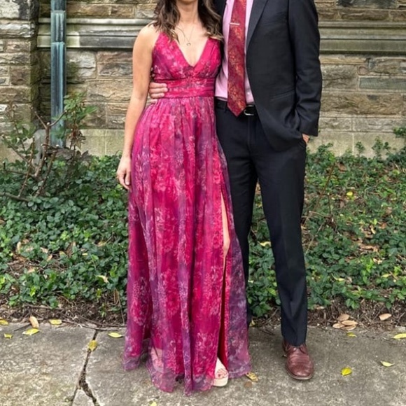 NWOT Lulus Romance That Wows Magenta Floral Print Organza Maxi Dress - Picture 3 of 8